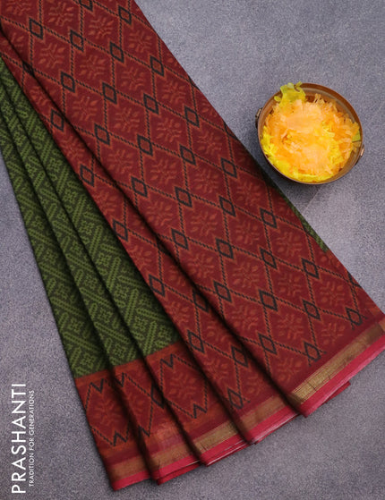 Muslin cotton saree sap green and maroon with allover ikkat prints and small zari woven border