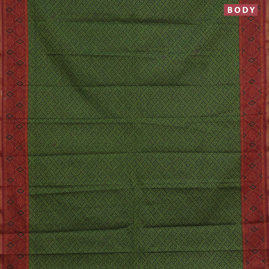 Muslin cotton saree sap green and maroon with allover ikkat prints and small zari woven border