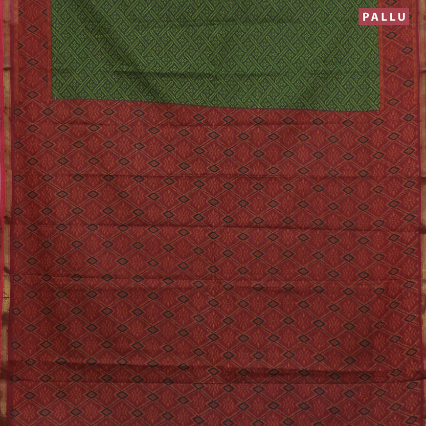 Muslin cotton saree sap green and maroon with allover ikkat prints and small zari woven border