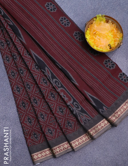 Muslin cotton saree maroon and grey with allover ikkat prints and thread woven border