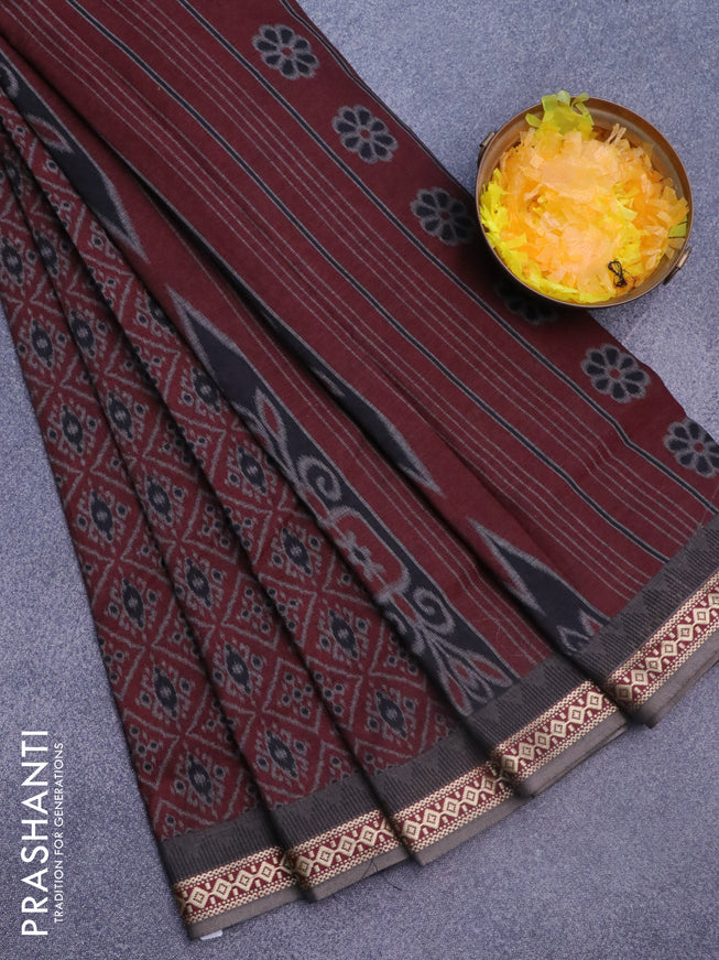 Muslin cotton saree maroon and grey with allover ikkat prints and thread woven border