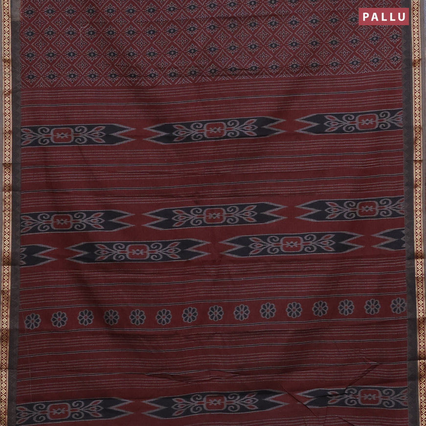 Muslin cotton saree maroon and grey with allover ikkat prints and thread woven border