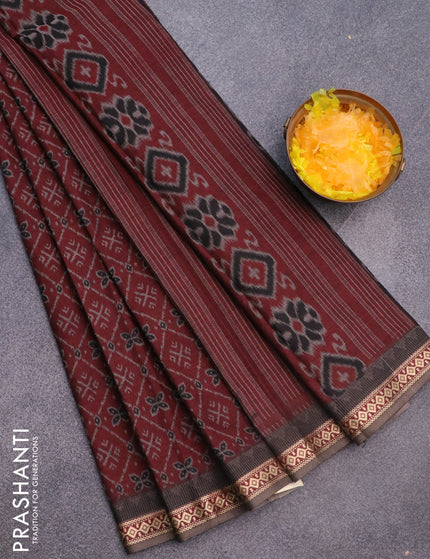 Muslin cotton saree dark maroon and grey with allover ikkat prints and thread woven border