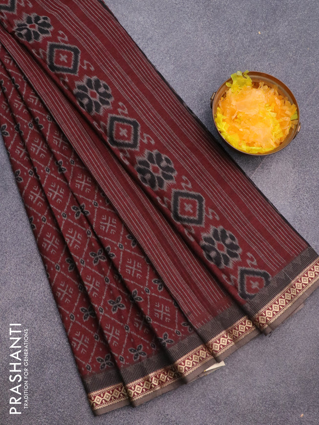 Muslin cotton saree dark maroon and grey with allover ikkat prints and thread woven border