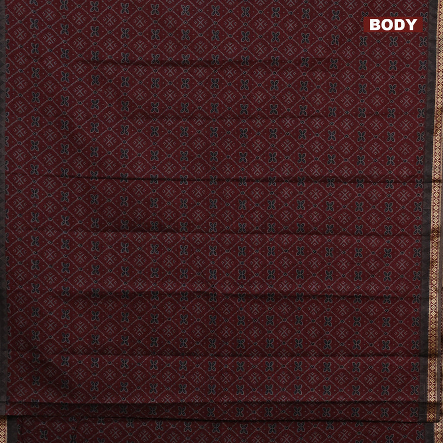 Muslin cotton saree dark maroon and grey with allover ikkat prints and thread woven border