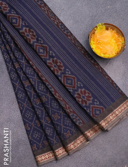 Muslin cotton saree navy blue and grey with allover ikkat prints and thread woven border