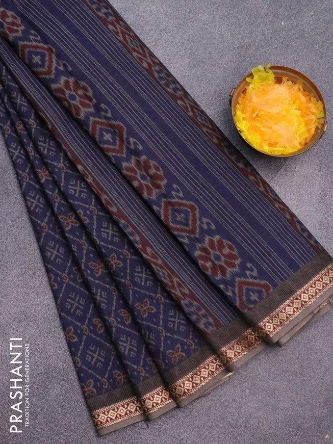 Muslin cotton saree navy blue and grey with allover ikkat prints and thread woven border