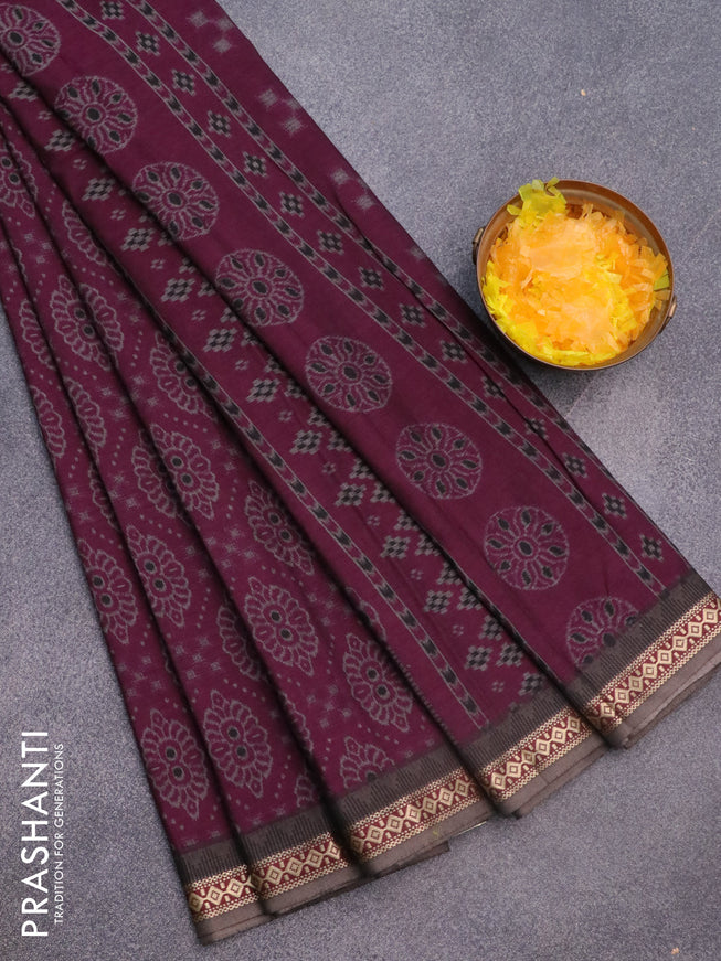 Muslin cotton saree dark magenta pink and grey with allover ikkat prints and thread woven border