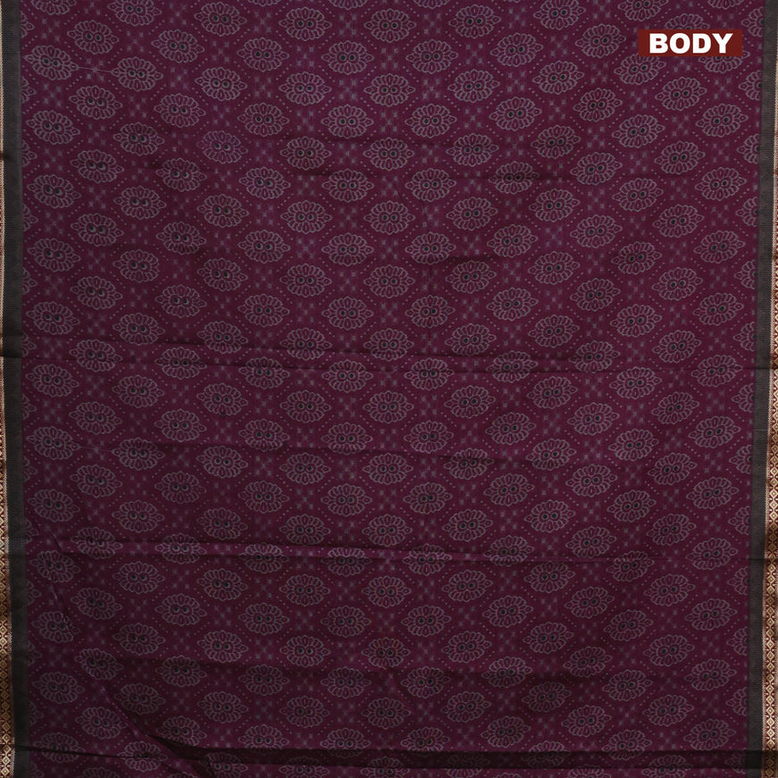 Muslin cotton saree dark magenta pink and grey with allover ikkat prints and thread woven border