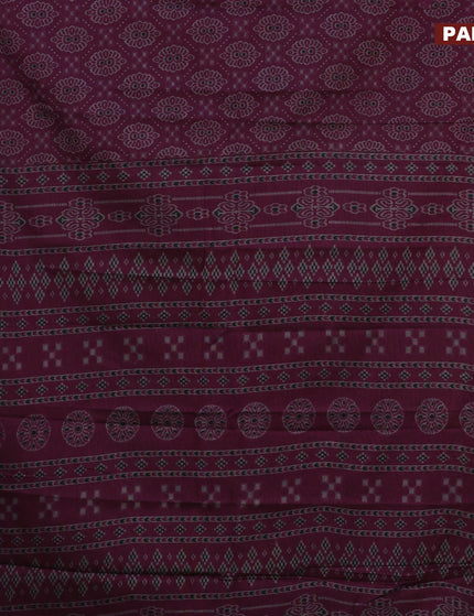 Muslin cotton saree dark magenta pink and grey with allover ikkat prints and thread woven border