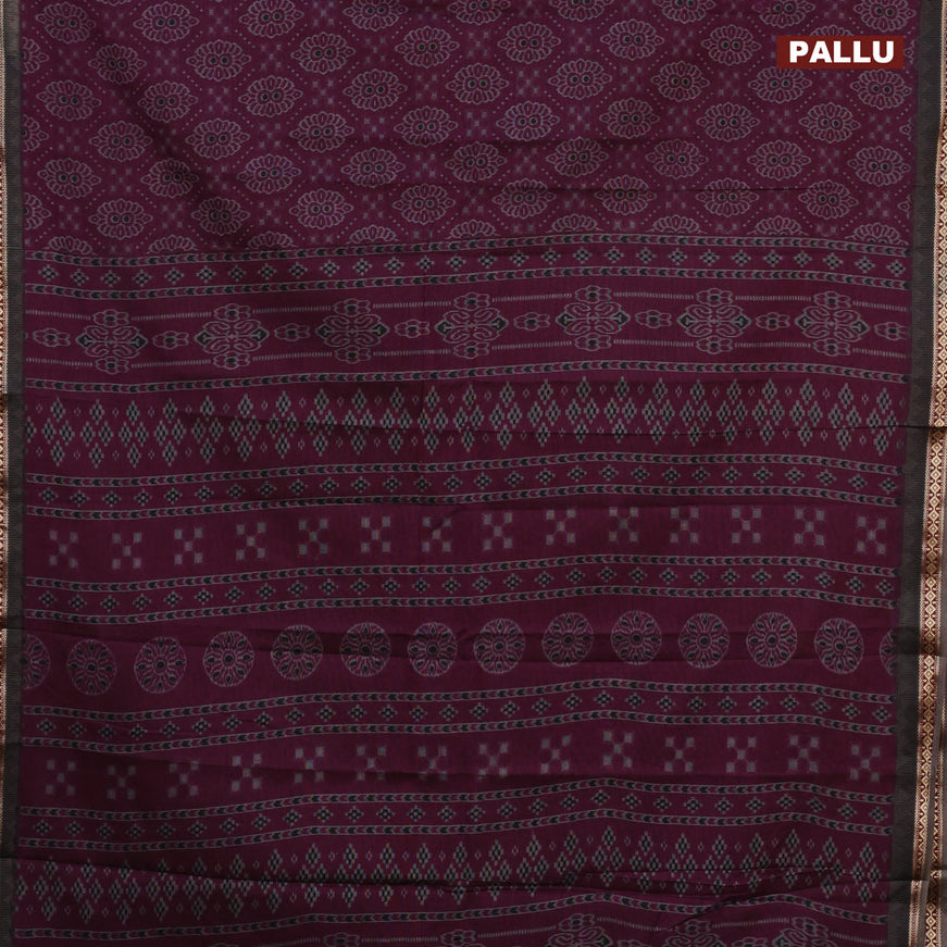 Muslin cotton saree dark magenta pink and grey with allover ikkat prints and thread woven border