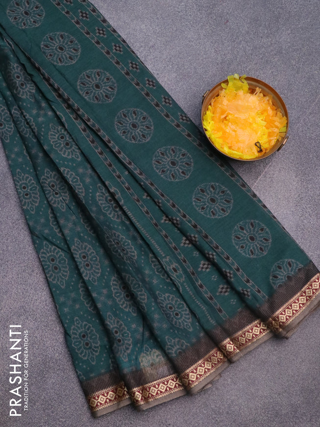 Muslin cotton saree peacock green and grey with allover ikkat prints and thread woven border