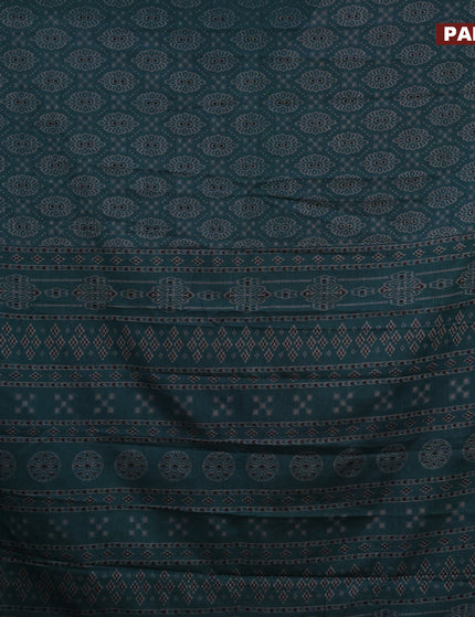 Muslin cotton saree peacock green and grey with allover ikkat prints and thread woven border