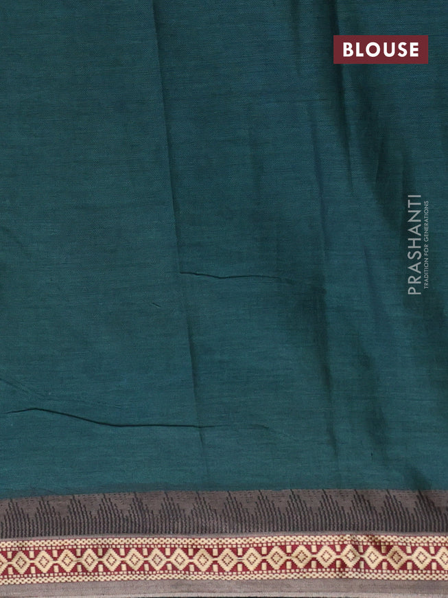 Muslin cotton saree peacock green and grey with allover ikkat prints and thread woven border