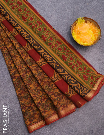 Muslin cotton saree dark mustard and maroon with allover floral prints and small zari woven border