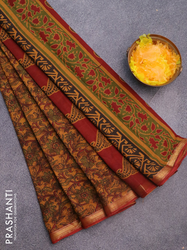 Muslin cotton saree dark mustard and maroon with allover floral prints and small zari woven border