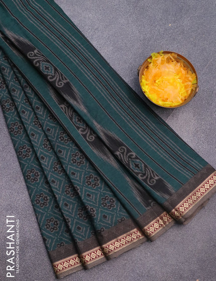 Muslin cotton saree peacock green and grey with allover ikkat prints and thread woven border