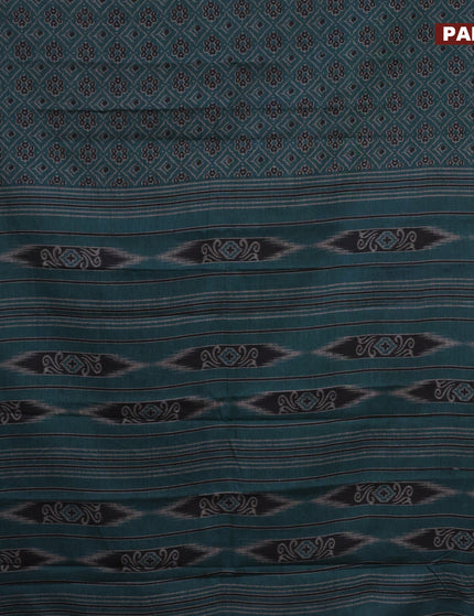 Muslin cotton saree peacock green and grey with allover ikkat prints and thread woven border