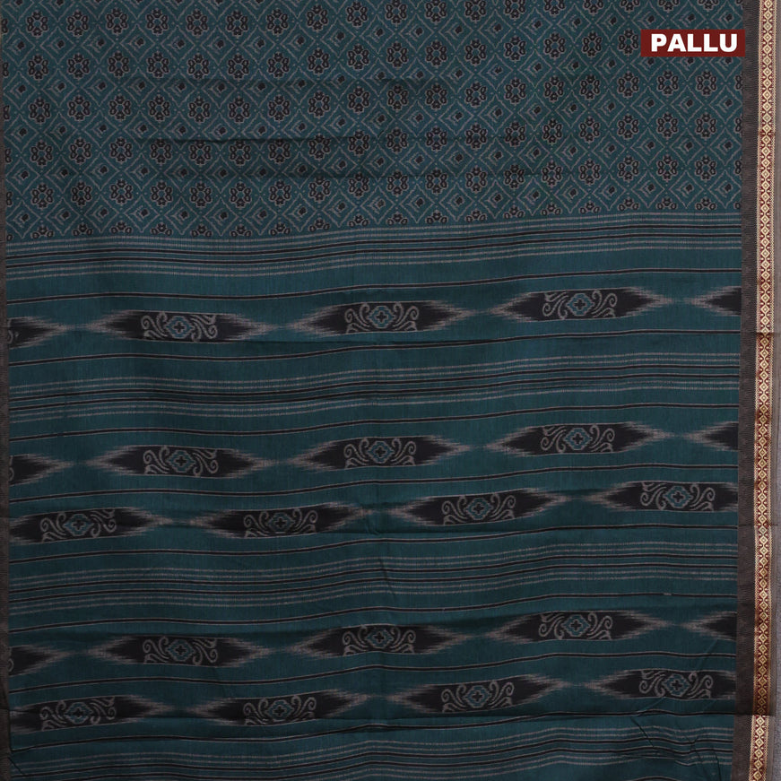 Muslin cotton saree peacock green and grey with allover ikkat prints and thread woven border