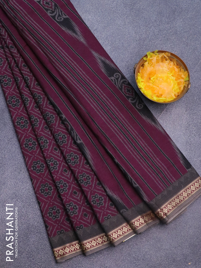 Muslin cotton saree dark magenta pink and grey with allover ikkat prints and thread woven border