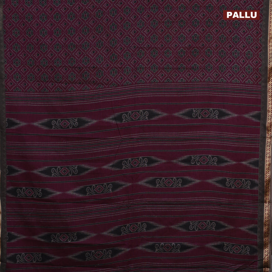 Muslin cotton saree dark magenta pink and grey with allover ikkat prints and thread woven border