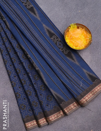 Muslin cotton saree blue and grey with allover ikkat prints and thread woven border