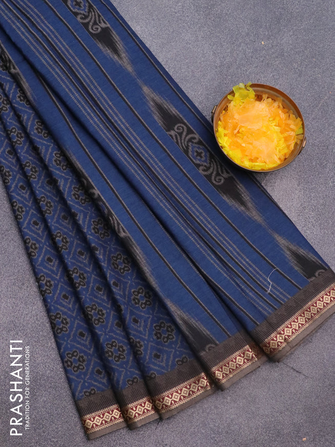 Muslin cotton saree blue and grey with allover ikkat prints and thread woven border