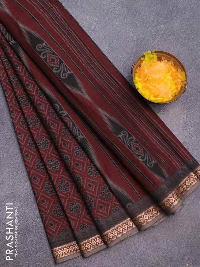 Muslin cotton saree dark maroon and grey with allover ikkat prints and thread woven border