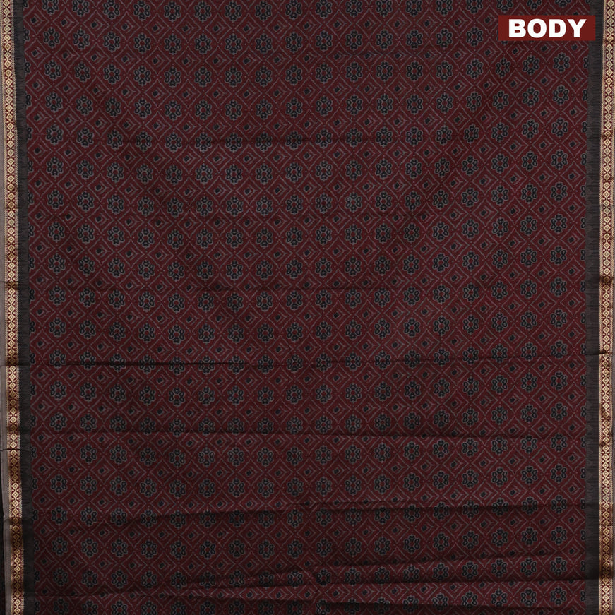 Muslin cotton saree dark maroon and grey with allover ikkat prints and thread woven border