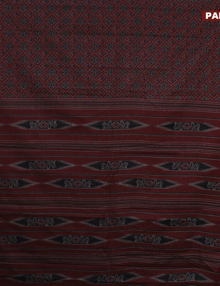 Muslin cotton saree dark maroon and grey with allover ikkat prints and thread woven border