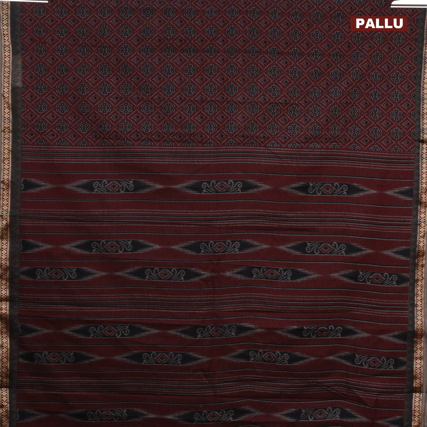 Muslin cotton saree dark maroon and grey with allover ikkat prints and thread woven border