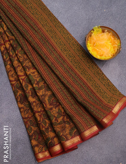 Muslin cotton saree dark mustard and maroon with allover floral prints and small zari woven border