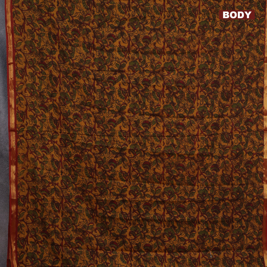 Muslin cotton saree dark mustard and maroon with allover floral prints and small zari woven border