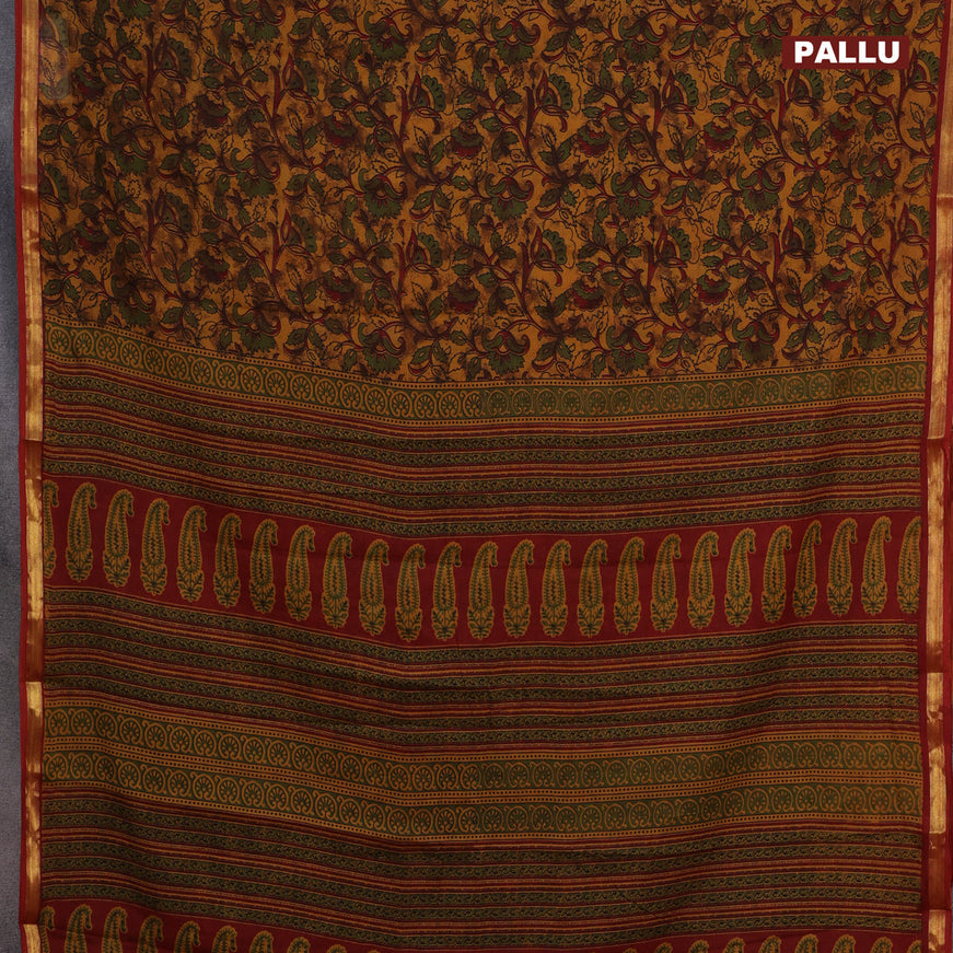 Muslin cotton saree dark mustard and maroon with allover floral prints and small zari woven border