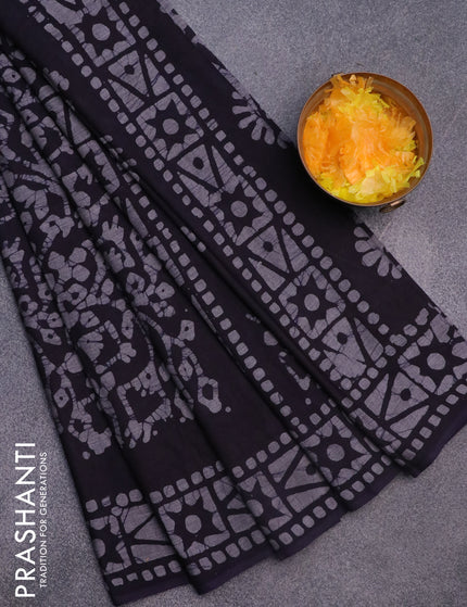 Muslin cotton saree navy blue and grey with allover batik prints and printed border