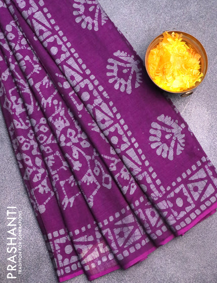 Muslin cotton saree purple and grey with allover batik prints and printed border