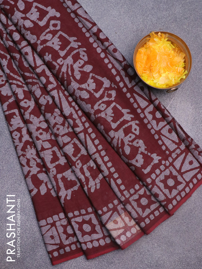 Muslin cotton saree dark maroon and grey with allover batik prints and printed border