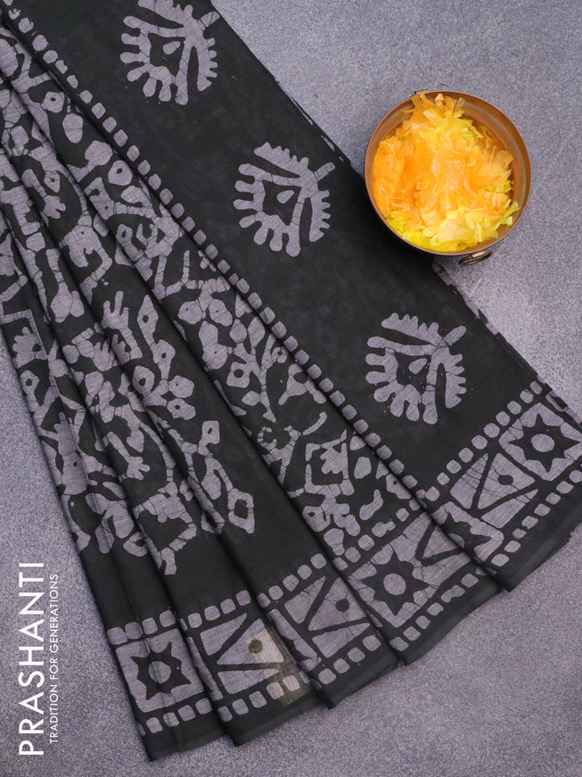 Muslin cotton saree bottle green and grey with allover batik prints and printed border