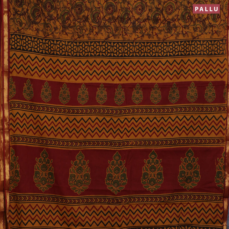 Muslin cotton saree dark mustard and maroon with allover floral prints and small zari woven border