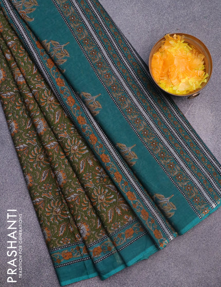 Muslin cotton saree sap green and teal green with allover floral prints and printed border