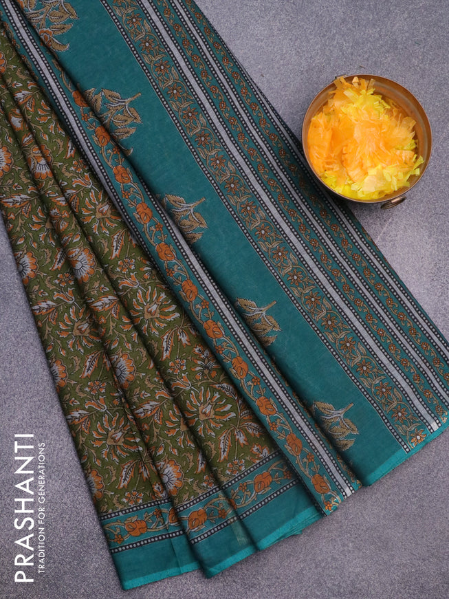 Muslin cotton saree sap green and teal green with allover floral prints and printed border