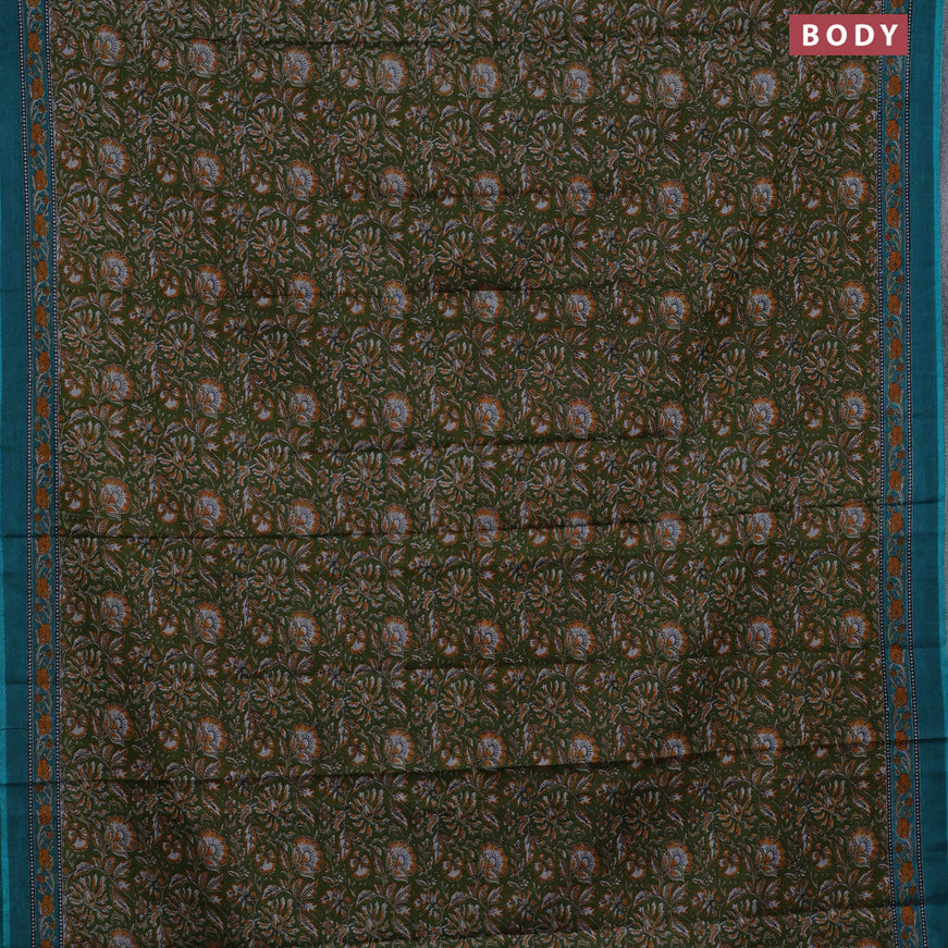 Muslin cotton saree sap green and teal green with allover floral prints and printed border