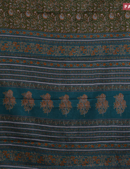 Muslin cotton saree sap green and teal green with allover floral prints and printed border