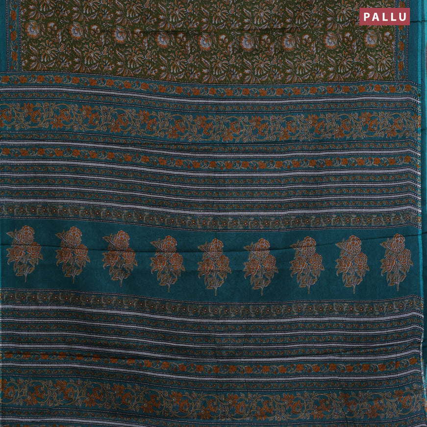 Muslin cotton saree sap green and teal green with allover floral prints and printed border