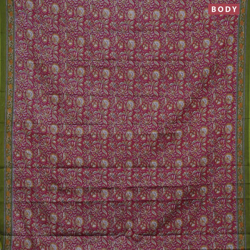 Muslin cotton saree magenta pink and mehendi green with allover floral prints and printed border