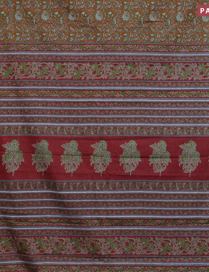 Muslin cotton saree dark mustard and maroon with allover floral prints and printed border