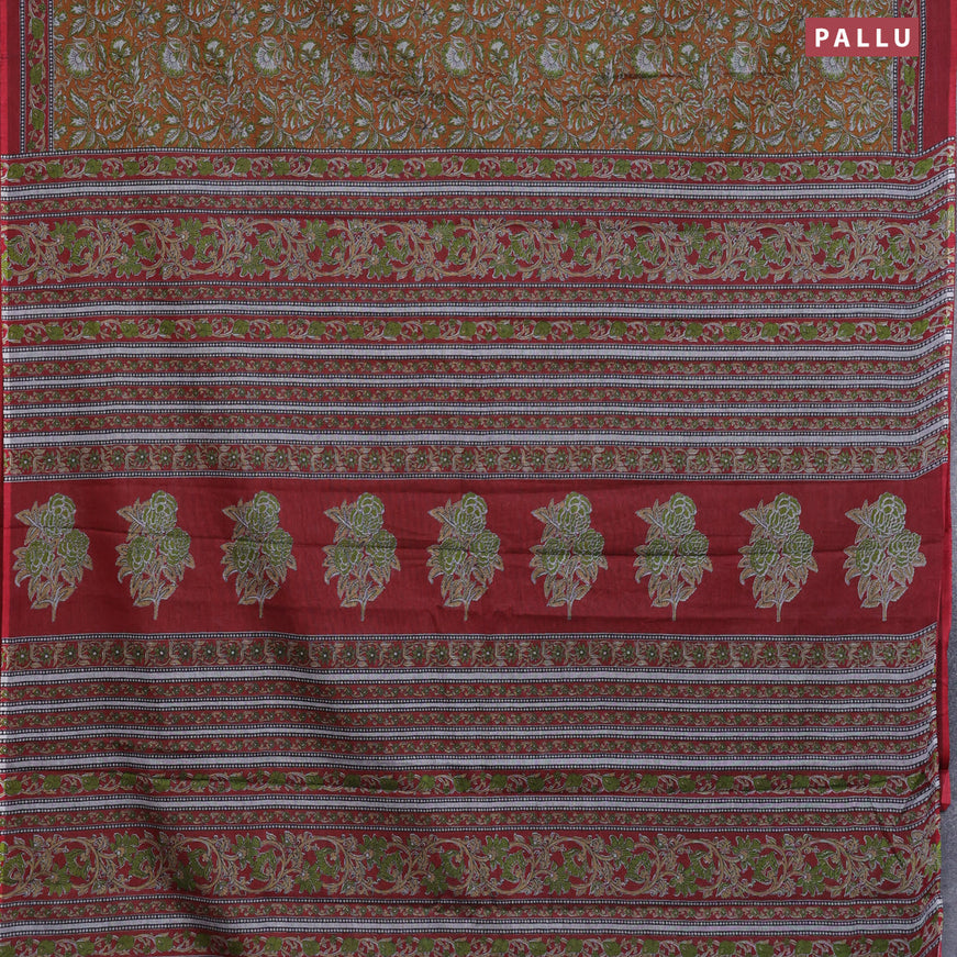 Muslin cotton saree dark mustard and maroon with allover floral prints and printed border