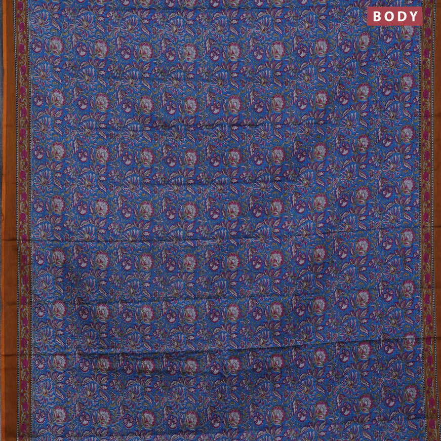 Muslin cotton saree cs blue and dark mustard with allover floral prints and printed border