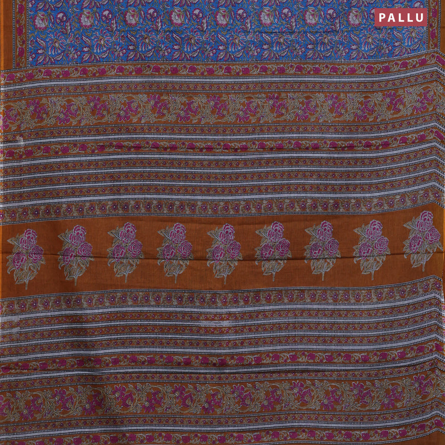 Muslin cotton saree cs blue and dark mustard with allover floral prints and printed border