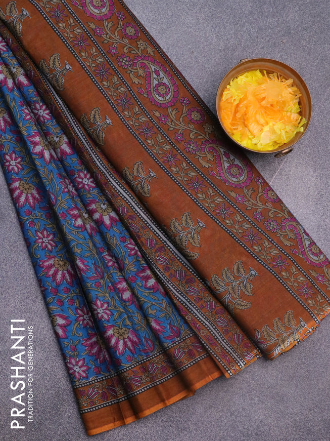 Muslin cotton saree cs blue and dark mustard with allover floral prints and printed border